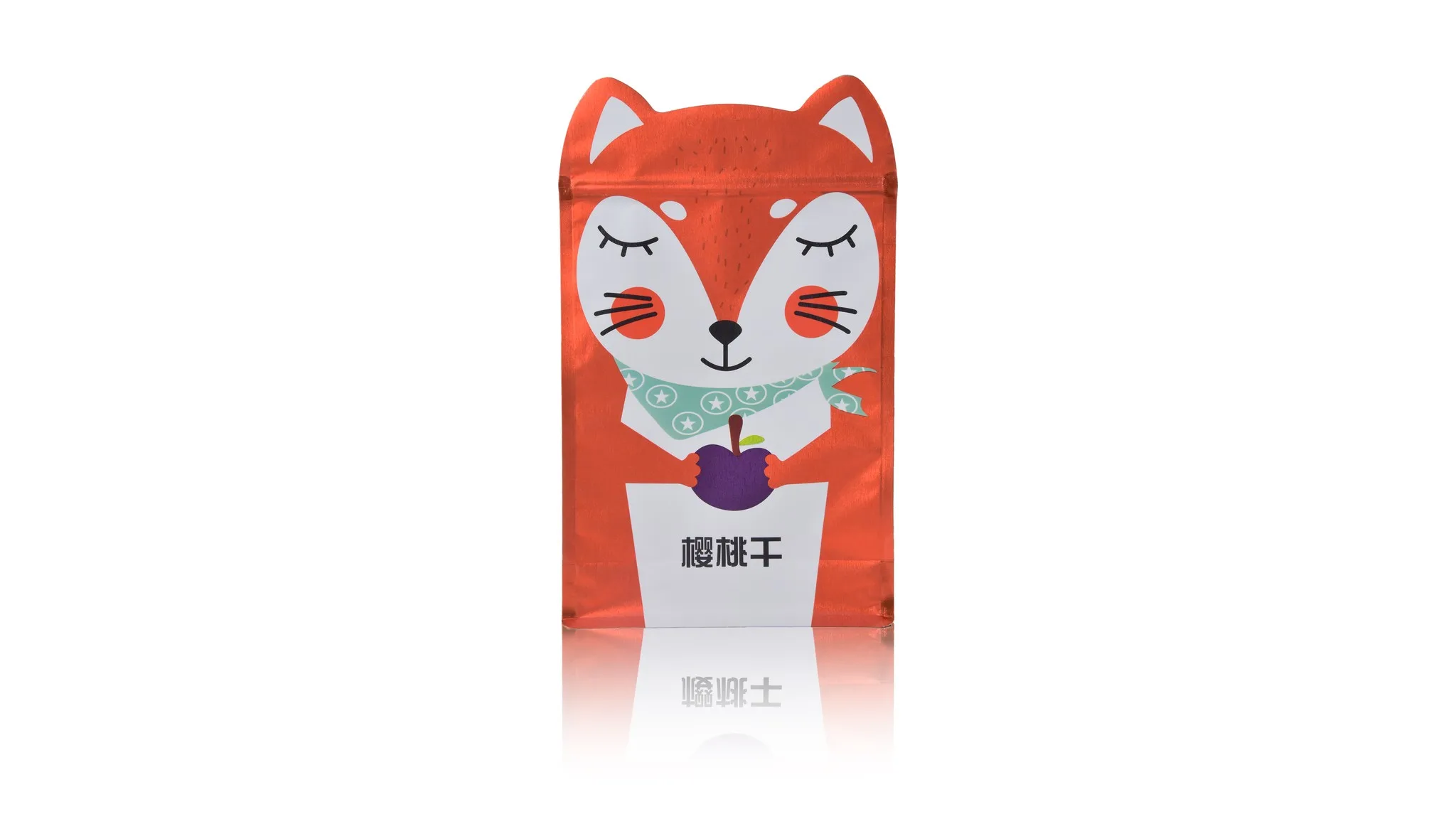 Dried fruit zipper pouch with fox design on white background