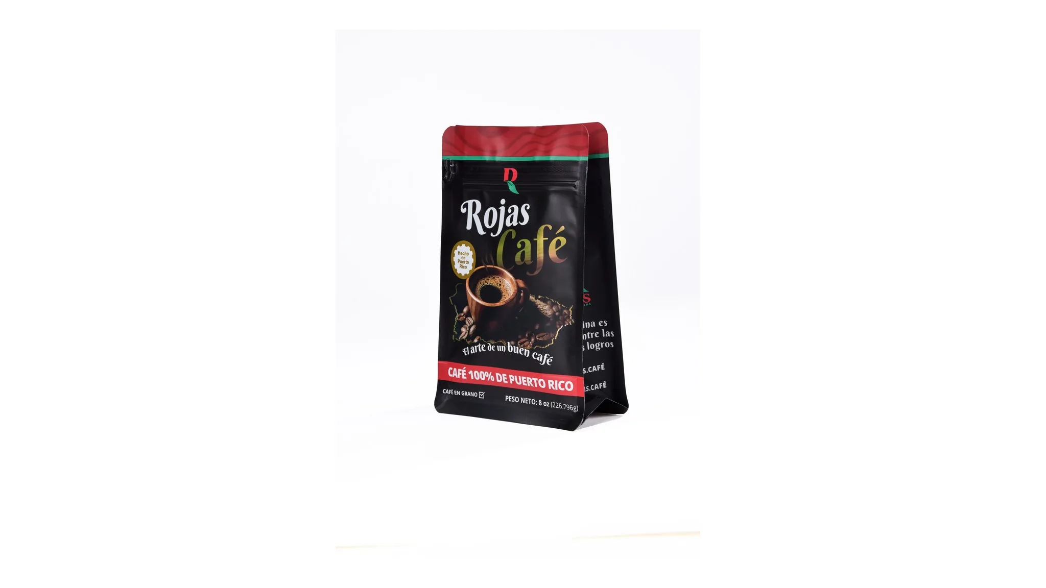 Coffee zipper pouch with Rojas Cafe branding on white background
